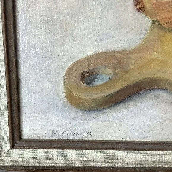 Larry Rasmussen Oil Painting Still Life Kitchen Table Bowl Onions Towel Knife 82